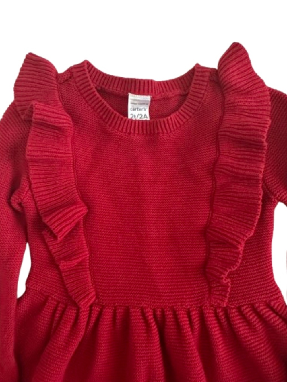 New Carters' 2T Bright Red Knit Ruffled Long Sleeves Round Neck Holiday Dress - Picture 3 of 13